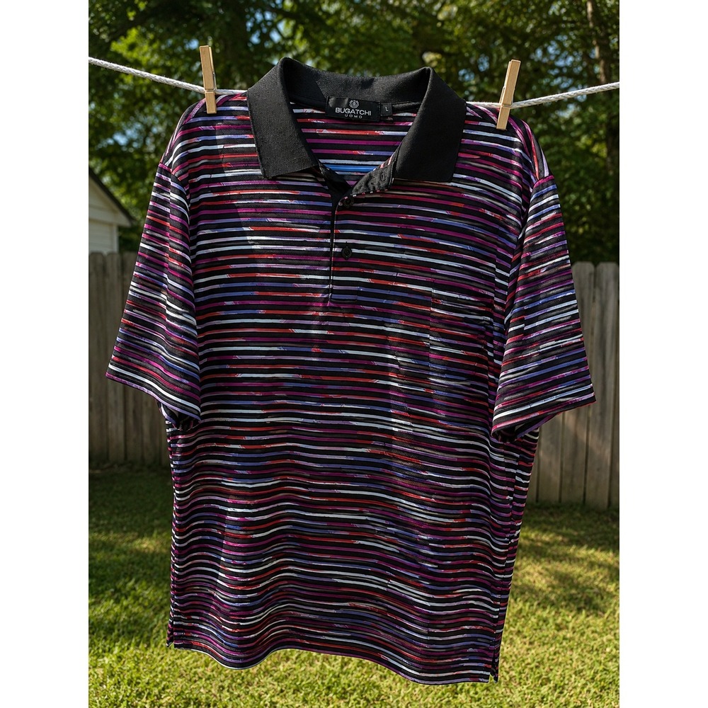 BUGATCHI UOMO Striped Polo Shirt Men's Large Multicolor Short Sleeve Casual Golf